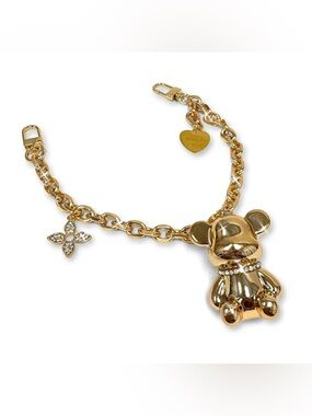 Gold Teddy Charm Chain for Bags  - Shiny Gold with Crystal Accent